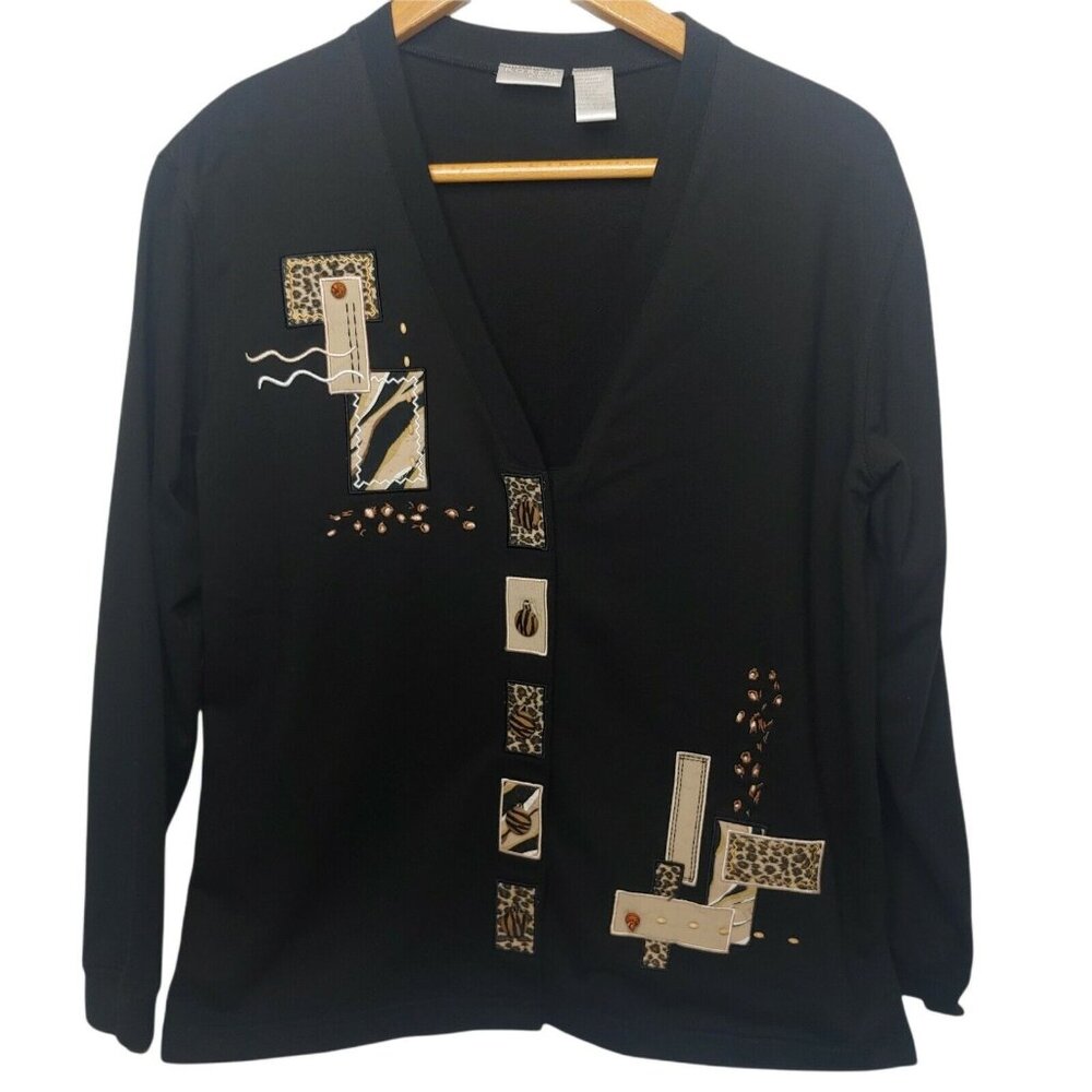 Vintage Koret K Wear Women's M Cardigan Knit Shirt Black Animal Print Bead Retro